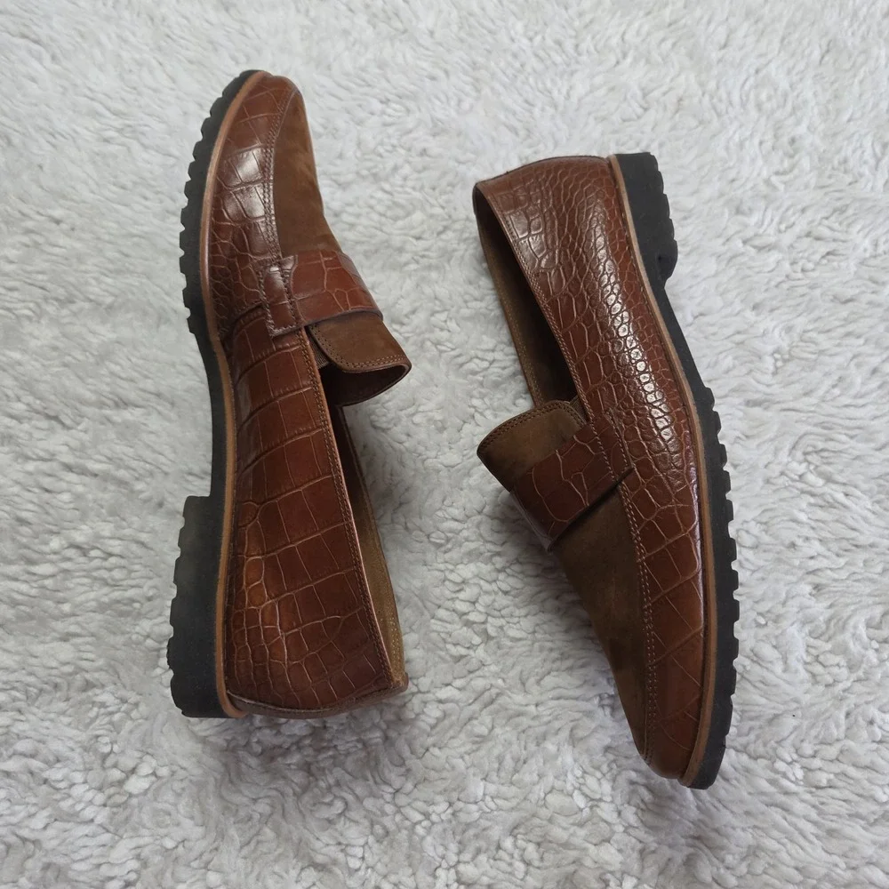Paul Green Dara Leather Croc Embossed Pointed Loafers Size 10 US / 7.5 UK Brown